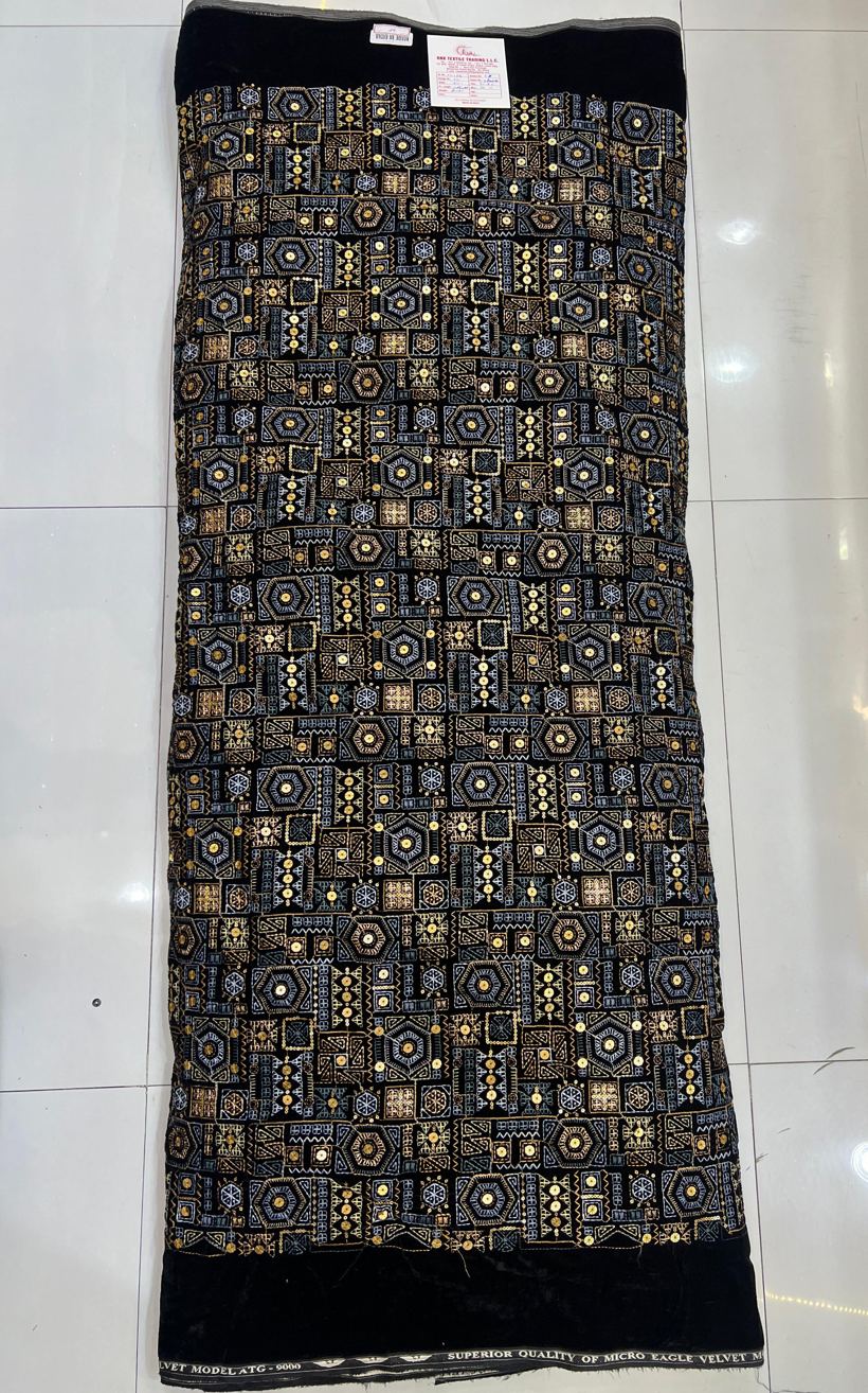 Black velvet with gold geometric hand embroidery, RNK Fashion product range